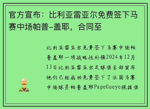 官方宣布：比利亚雷亚尔免费签下马赛中场帕普-盖耶，合同至