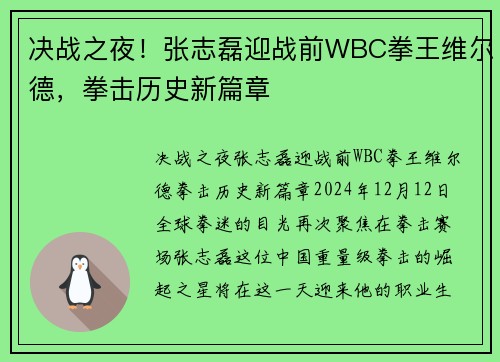 决战之夜！张志磊迎战前WBC拳王维尔德，拳击历史新篇章